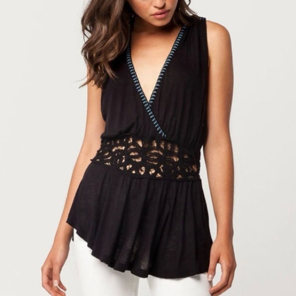 NEW Free People Megan black crochet waist peplum tank top women’s size medium